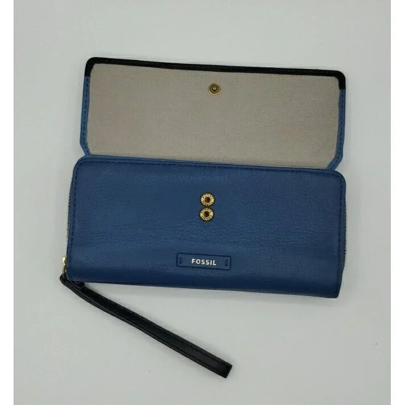 Fossil Two Tone Blue Leather Wallet Wristlet Fold Over Snap and Zip Compartment - Picture 5 of 7